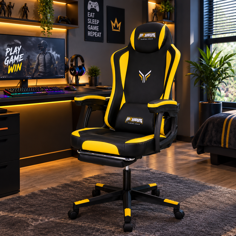 Deli Ergonomic Gaming Chair with Footrest – Yellow