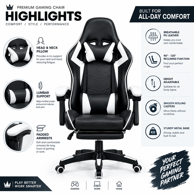 Professional Ergonomic Gaming Chair with Footrest