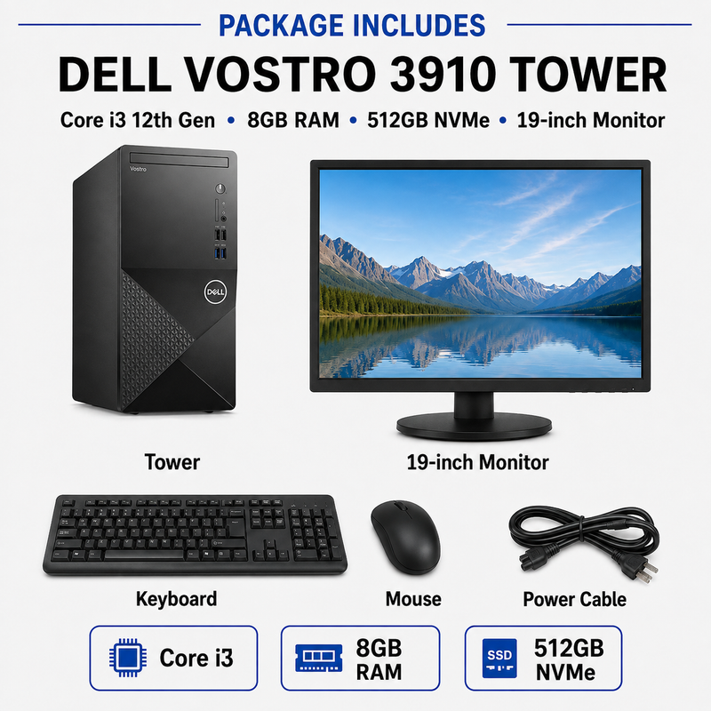 Refurbished Dell Vostro 3910 Tower – Core i3 12th Gen – 8GB RAM – 512GB NVMe SSD – 19″ Monitor Bundle