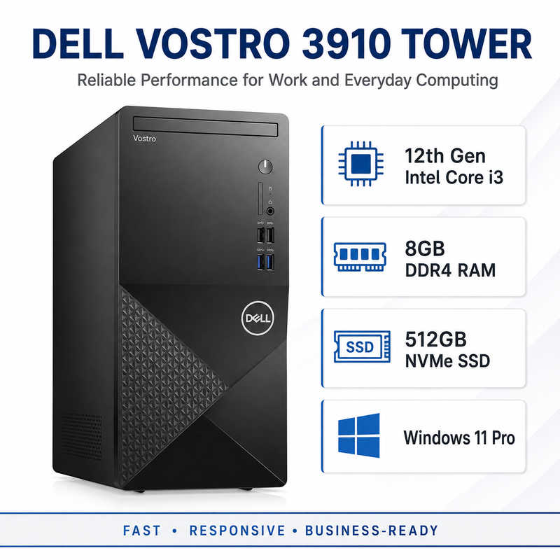 Refurbished Dell Vostro 3910 Tower – Core i3 12th Gen – 8GB RAM – 512GB NVMe SSD – 19″ Monitor Bundle