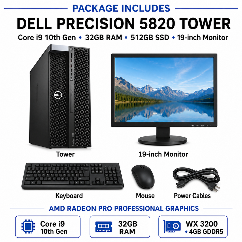 Refurbished Dell Precision 5820 Tower – Core i9 10th Gen – 32GB RAM – 512GB SSD – Radeon Pro WX 3200 4GB GDDR5 – 19″ Monitor Bundle