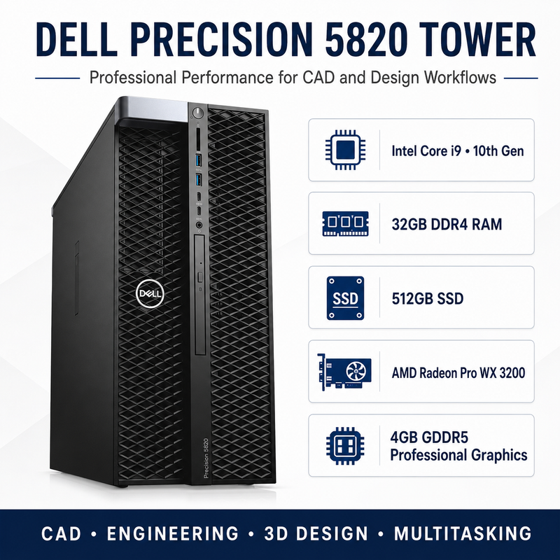 Refurbished Dell Precision 5820 Tower – Core i9 10th Gen – 32GB RAM – 512GB SSD – Radeon Pro WX 3200 4GB GDDR5 – 19″ Monitor Bundle