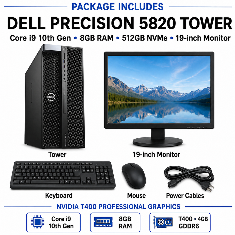 Refurbished Dell Precision 5820 Tower – Core i9 10th Gen – 8GB RAM – 512GB NVMe SSD – NVIDIA T400 4GB GDDR6 – 19″ Monitor Bundle