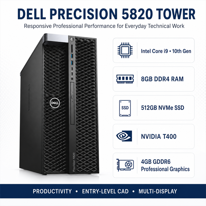 Refurbished Dell Precision 5820 Tower – Core i9 10th Gen – 8GB RAM – 512GB NVMe SSD – NVIDIA T400 4GB GDDR6 – 19″ Monitor Bundle