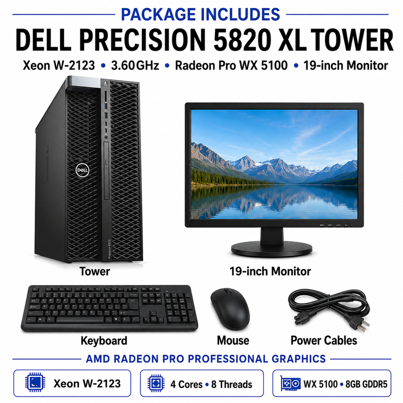 Refurbished Dell Precision 5820 XL Tower – Xeon W-2123 3.60GHz – Radeon Pro WX 5100 8GB GDDR5 – 19″ Monitor Bundle