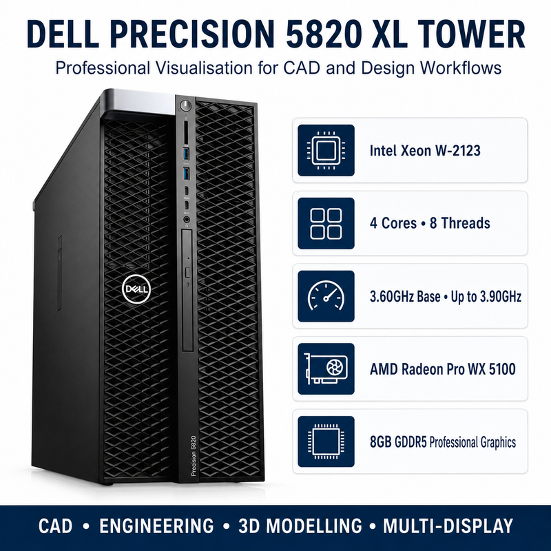 Refurbished Dell Precision 5820 XL Tower – Xeon W-2123 3.60GHz – Radeon Pro WX 5100 8GB GDDR5 – 19″ Monitor Bundle
