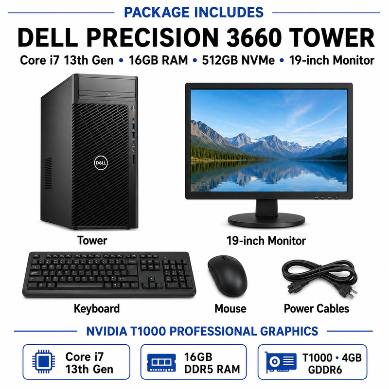 Refurbished Dell Precision 3660 Tower – Core i7 13th Gen – 16GB RAM – 512GB NVMe SSD – NVIDIA T1000 4GB GDDR6 – 19″ Monitor Bundle