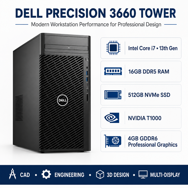 Refurbished Dell Precision 3660 Tower – Core i7 13th Gen – 16GB RAM – 512GB NVMe SSD – NVIDIA T1000 4GB GDDR6 – 19″ Monitor Bundle