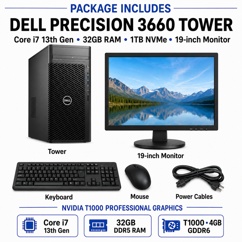 Refurbished Dell Precision 3660 Tower – Core i7 13th Gen – 32GB RAM – 1TB NVMe SSD – NVIDIA T1000 4GB GDDR6 – 19″ Monitor Bundle