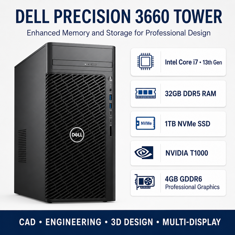 Refurbished Dell Precision 3660 Tower – Core i7 13th Gen – 32GB RAM – 1TB NVMe SSD – NVIDIA T1000 4GB GDDR6 – 19″ Monitor Bundle