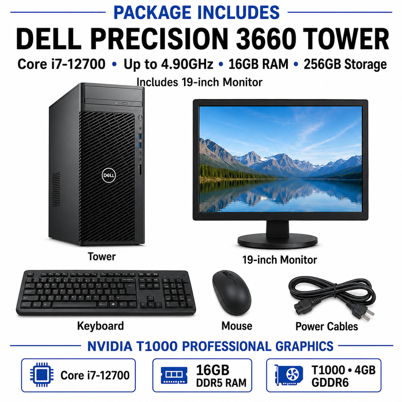 Refurbished Dell Precision 3660 Tower – Core i7-12700 up to 4.90GHz – 16GB RAM – 256GB Storage – NVIDIA T1000 4GB GDDR6 – 19″ Monitor Bundle