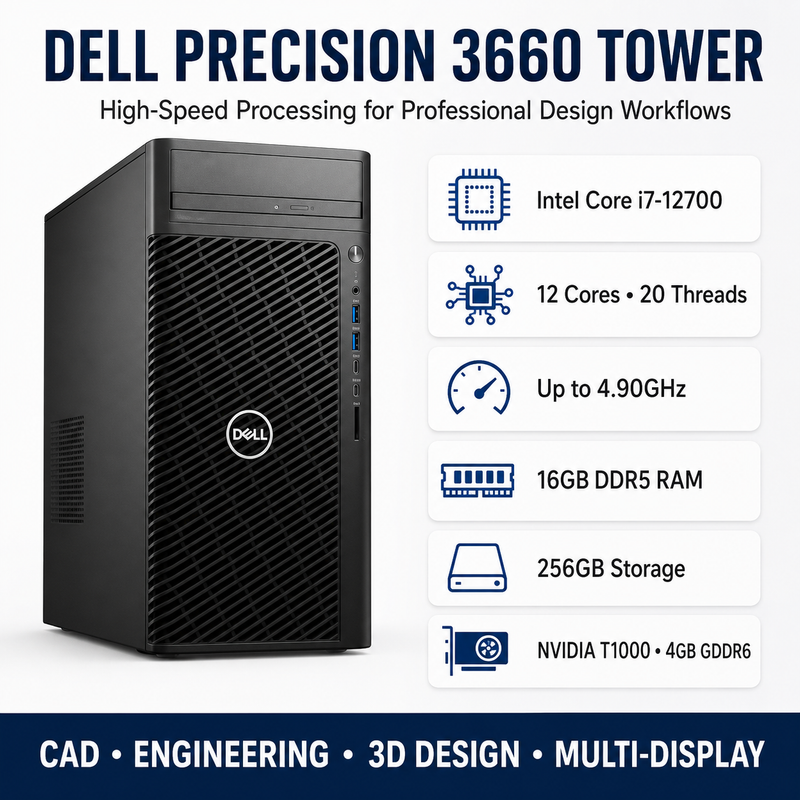 Refurbished Dell Precision 3660 Tower – Core i7-12700 up to 4.90GHz – 16GB RAM – 256GB Storage – NVIDIA T1000 4GB GDDR6 – 19″ Monitor Bundle