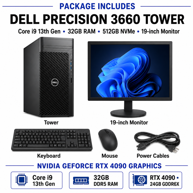 Refurbished Dell Precision 3660 Tower – Core i9 13th Gen – 32GB RAM – 512GB NVMe SSD – NVIDIA GeForce RTX 4090 24GB GDDR6X – 19″ Monitor Bundle