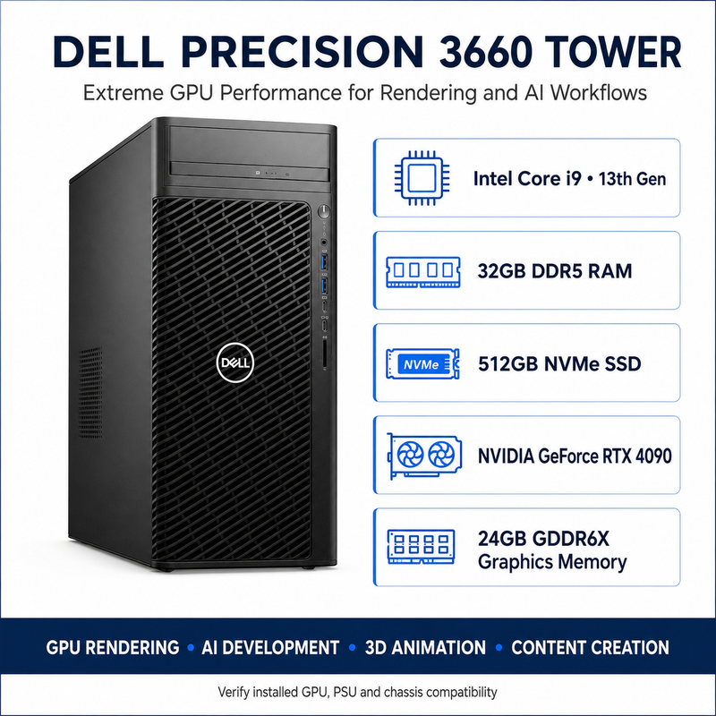 Refurbished Dell Precision 3660 Tower – Core i9 13th Gen – 32GB RAM – 512GB NVMe SSD – NVIDIA GeForce RTX 4090 24GB GDDR6X – 19″ Monitor Bundle