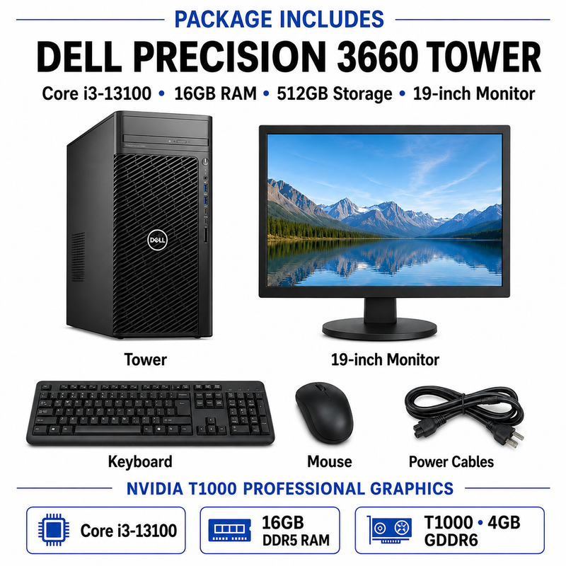 Refurbished Dell Precision 3660 Tower – Core i3-13100 – 16GB RAM – 512GB Storage – NVIDIA T1000 4GB GDDR6 – 19″ Monitor Bundle