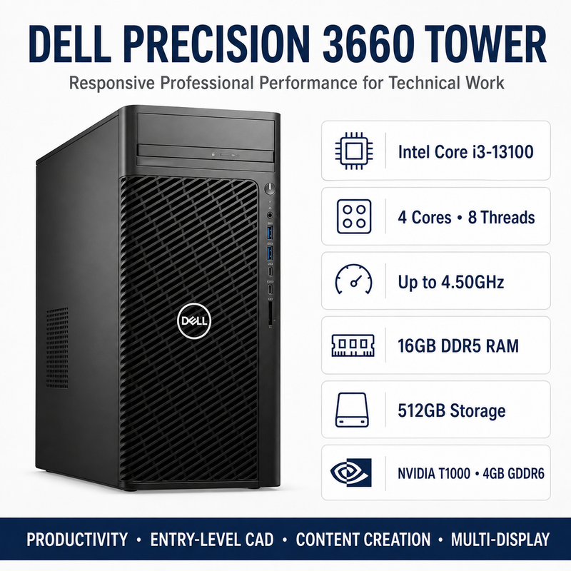 Refurbished Dell Precision 3660 Tower – Core i3-13100 – 16GB RAM – 512GB Storage – NVIDIA T1000 4GB GDDR6 – 19″ Monitor Bundle