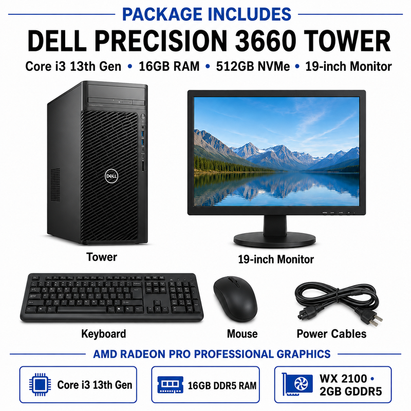 Refurbished Dell Precision 3660 Tower – Core i3 13th Gen – 16GB RAM – 512GB NVMe SSD – Radeon Pro WX 2100 2GB GDDR5 – 19″ Monitor Bundle