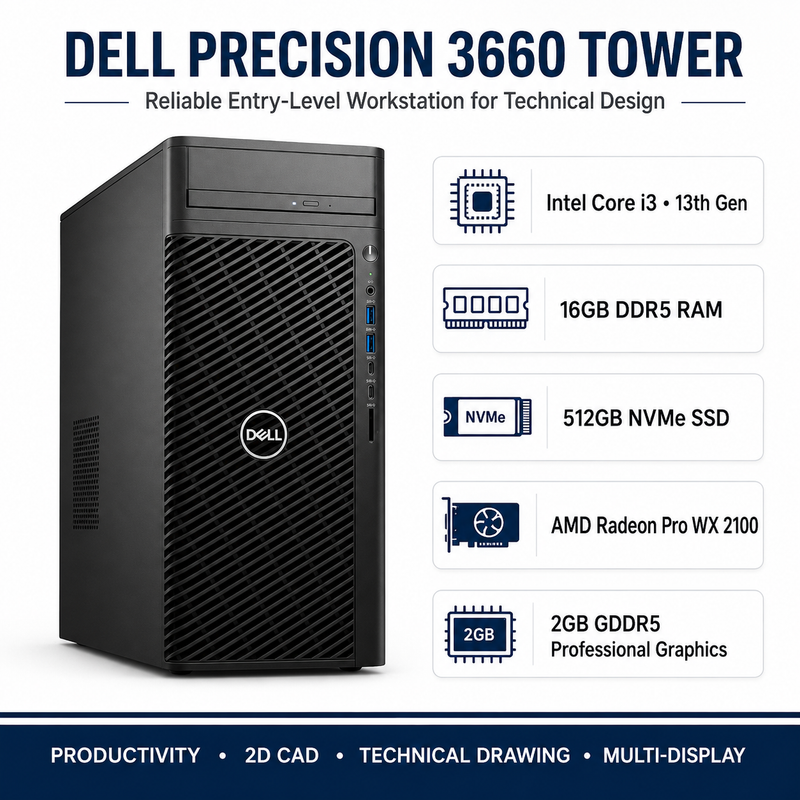 Refurbished Dell Precision 3660 Tower – Core i3 13th Gen – 16GB RAM – 512GB NVMe SSD – Radeon Pro WX 2100 2GB GDDR5 – 19″ Monitor Bundle