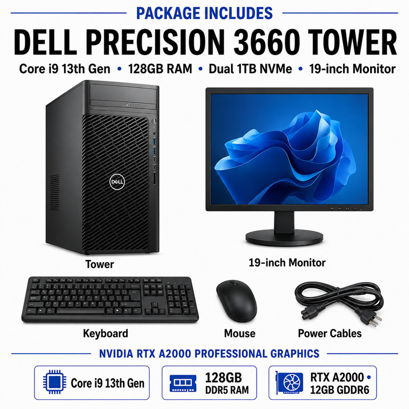 Refurbished Dell Precision 3660 Tower – Core i9 13th Gen – 128GB RAM – Dual 1TB NVMe SSD – RTX A2000 12GB GDDR6 – 19″ Monitor Bundle