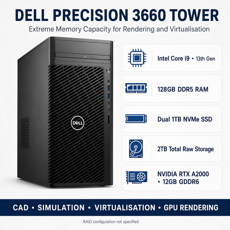 Refurbished Dell Precision 3660 Tower – Core i9 13th Gen – 128GB RAM – Dual 1TB NVMe SSD – RTX A2000 12GB GDDR6 – 19″ Monitor Bundle