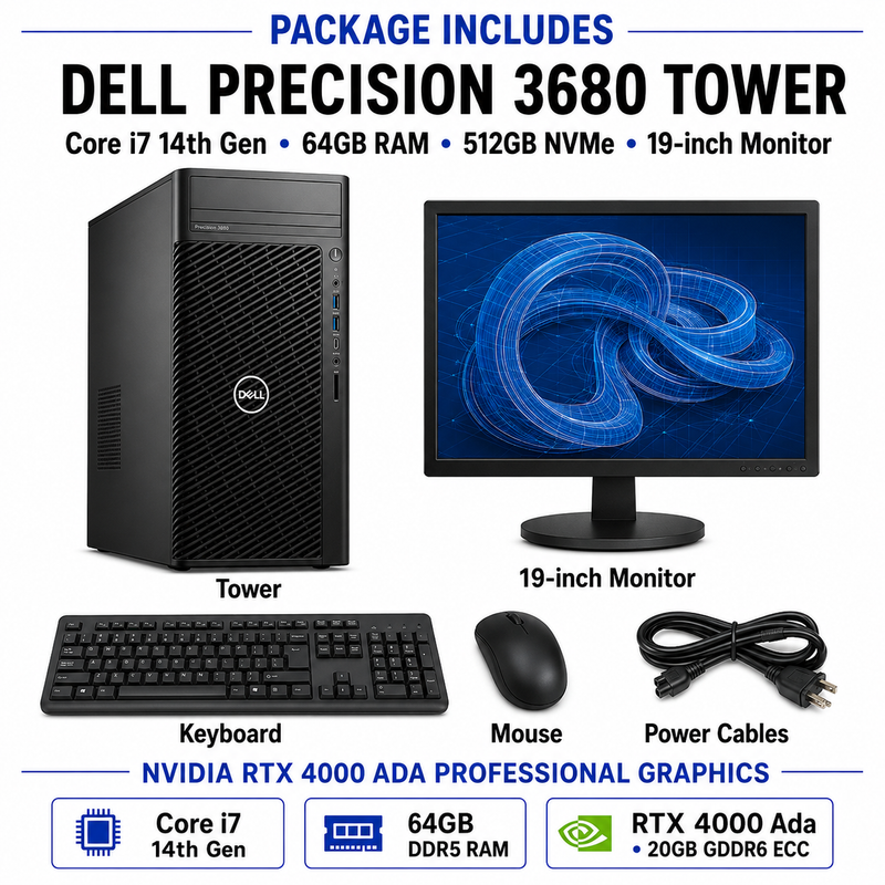 Refurbished Dell Precision 3660 Tower – Core i7 14th Gen – 64GB RAM – 512GB NVMe SSD – NVIDIA RTX 4000 Ada 20GB GDDR6 – 19″ Monitor Bundle