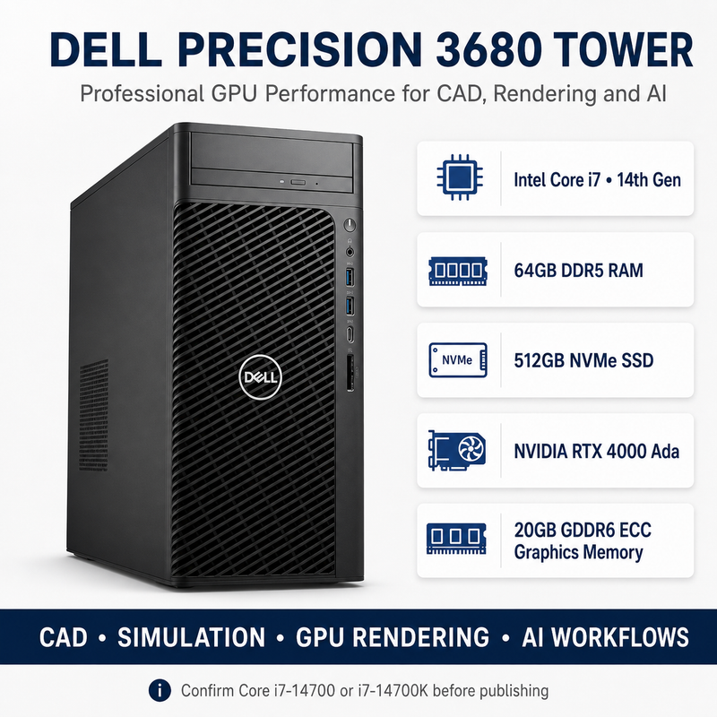 Refurbished Dell Precision 3660 Tower – Core i7 14th Gen – 64GB RAM – 512GB NVMe SSD – NVIDIA RTX 4000 Ada 20GB GDDR6 – 19″ Monitor Bundle