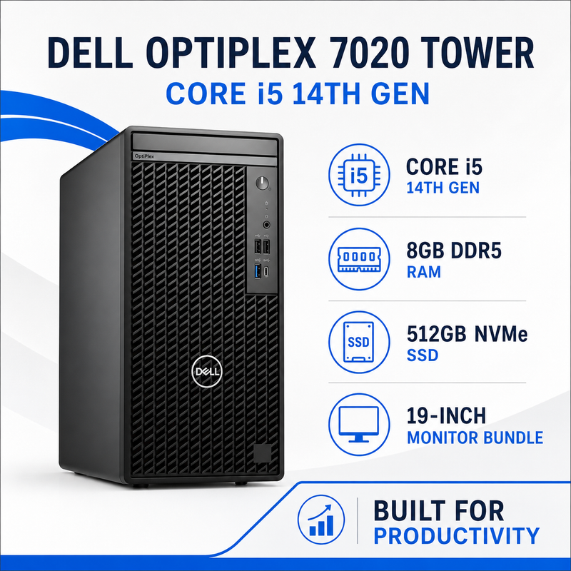 Refurbished Dell OptiPlex 7020 Tower – Core i5 14th Gen, 8GB DDR5 RAM, 512GB NVMe SSD with 19-Inch Monitor Bundle