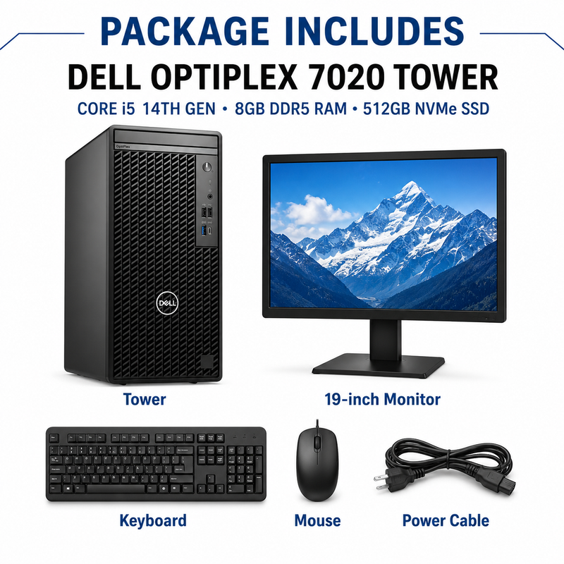 Refurbished Dell OptiPlex 7020 Tower – Core i5 14th Gen, 8GB DDR5 RAM, 512GB NVMe SSD with 19-Inch Monitor Bundle