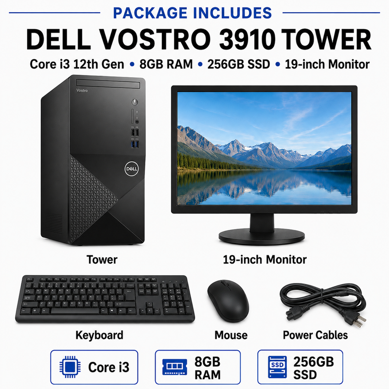 Refurbished Dell Vostro 3910 Tower – Core i3 12th Gen – 8GB RAM – 256GB SSD – 19″ Monitor Bundle
