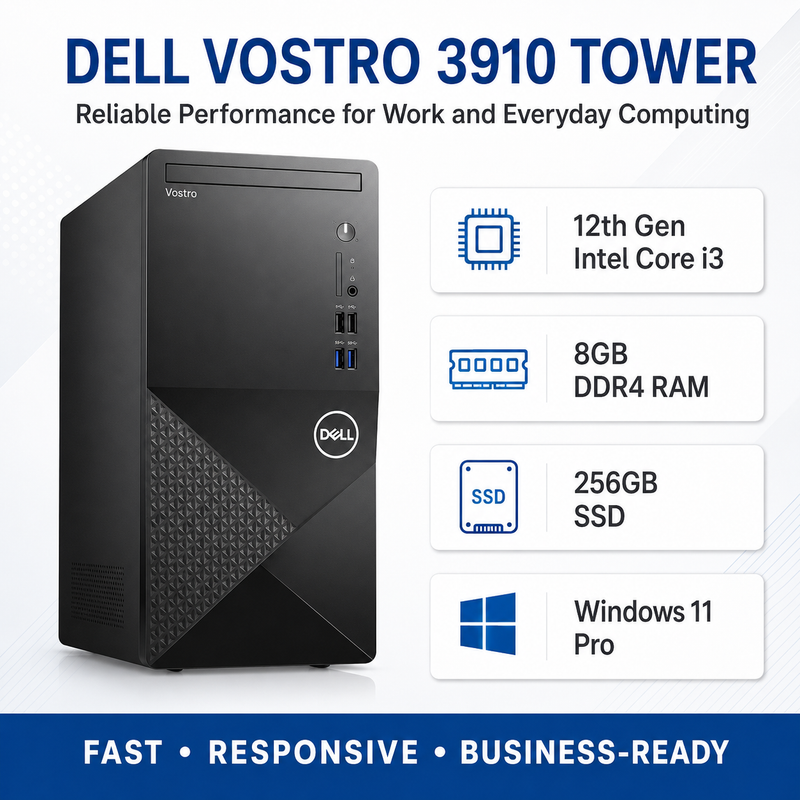 Refurbished Dell Vostro 3910 Tower – Core i3 12th Gen – 8GB RAM – 256GB SSD – 19″ Monitor Bundle