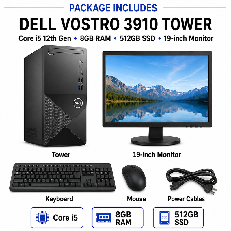 Refurbished Dell Vostro 3910 Tower – Core i5 12th Gen – 8GB RAM – 512GB SSD – 19″ Monitor Bundle