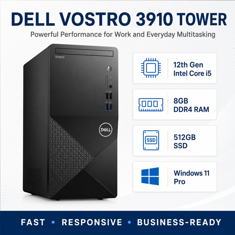 Refurbished Dell Vostro 3910 Tower – Core i5 12th Gen – 8GB RAM – 512GB SSD – 19″ Monitor Bundle