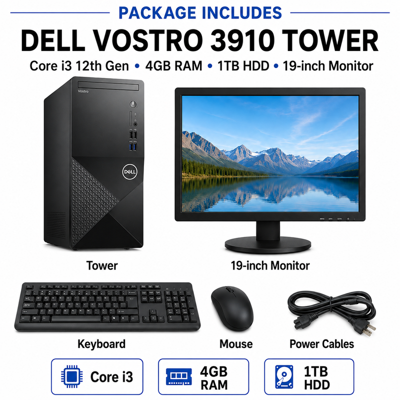 Refurbished Dell Vostro 3910 Tower – Core i3 12th Gen – 4GB RAM – 1TB HDD – 19″ Monitor Bundle