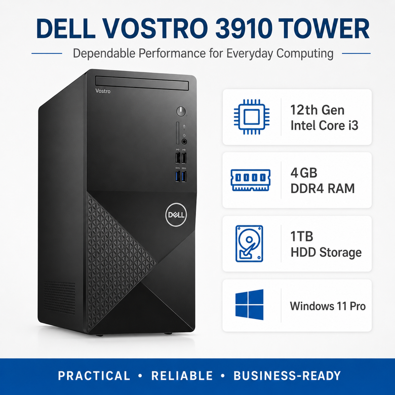 Refurbished Dell Vostro 3910 Tower – Core i3 12th Gen – 4GB RAM – 1TB HDD – 19″ Monitor Bundle