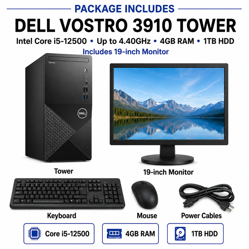 Refurbished Dell Vostro 3910 Tower – Intel Core i5-12500 up to 4.40GHz – 4GB RAM – 1TB HDD – 19″ Monitor Bundle