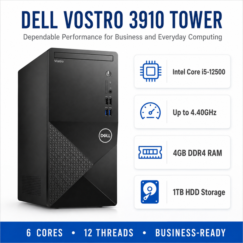 Refurbished Dell Vostro 3910 Tower – Intel Core i5-12500 up to 4.40GHz – 4GB RAM – 1TB HDD – 19″ Monitor Bundle