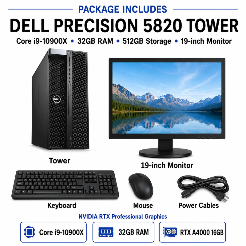 Refurbished Dell Precision 5820 Tower – Intel Core i9-10900X 3.70GHz – 32GB RAM – 512GB Storage – NVIDIA RTX A4000 16GB GDDR6 – 19″ Monitor Bundle