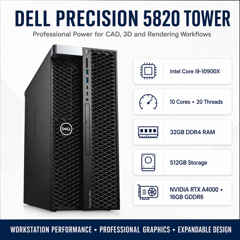 Refurbished Dell Precision 5820 Tower – Intel Core i9-10900X 3.70GHz – 32GB RAM – 512GB Storage – NVIDIA RTX A4000 16GB GDDR6 – 19″ Monitor Bundle
