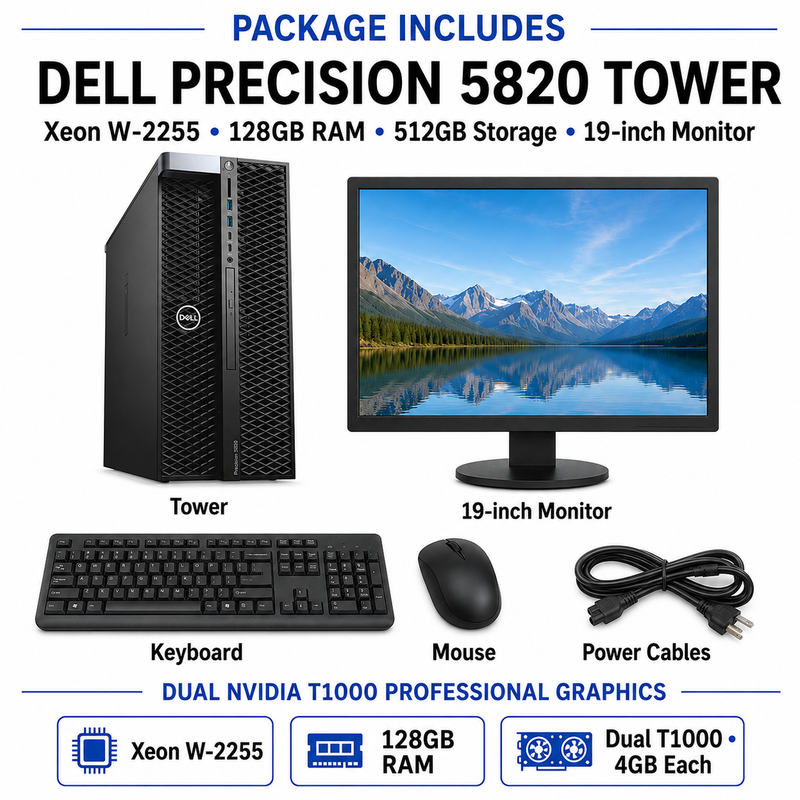 Refurbished Dell Precision 5820 Tower – Xeon W-2255 up to 4.70GHz – 128GB RAM – 512GB Storage – Dual NVIDIA T1000 4GB GDDR6 – 19″ Monitor Bundle