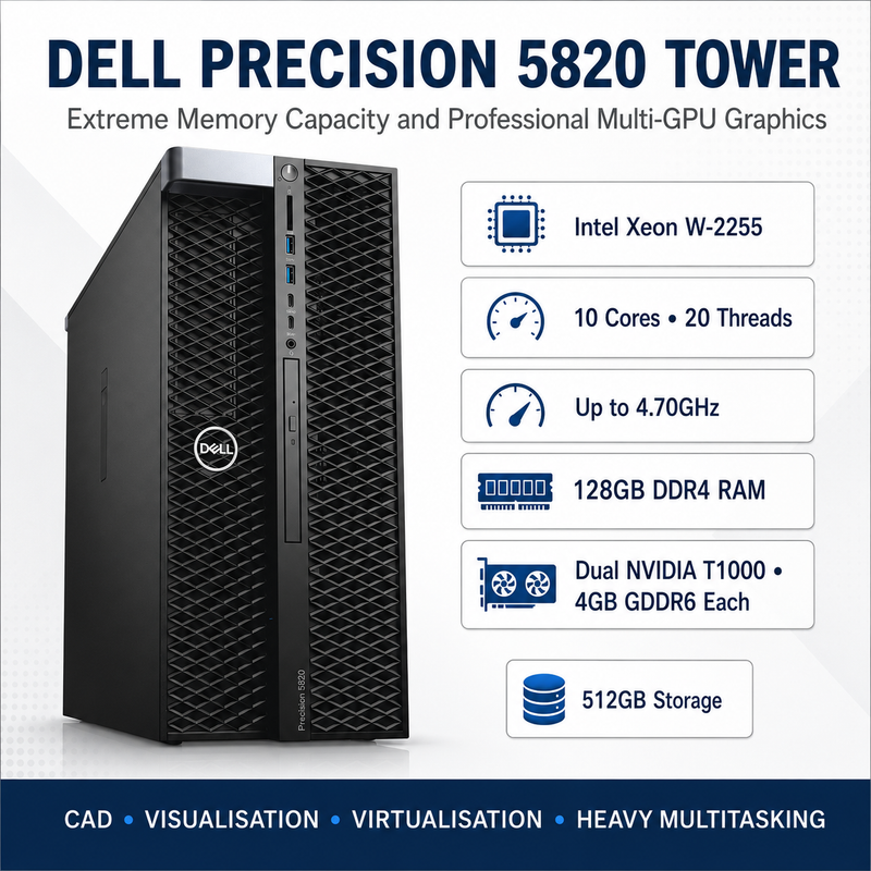 Refurbished Dell Precision 5820 Tower – Xeon W-2255 up to 4.70GHz – 128GB RAM – 512GB Storage – Dual NVIDIA T1000 4GB GDDR6 – 19″ Monitor Bundle