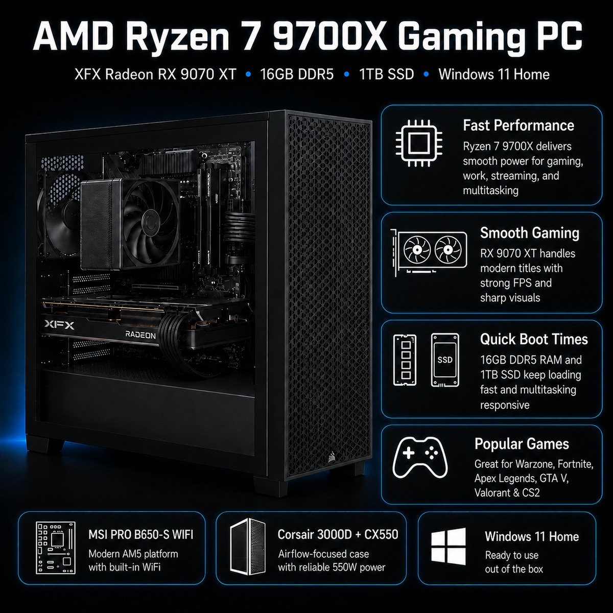 4k All Black Gaming PC [No RGB]AMD Ryzen 7 9700X Gaming Desktop PC | XFX Radeon RX 9060 OC | 16GB DDR5 | 1TB SSD | Windows 11 Home