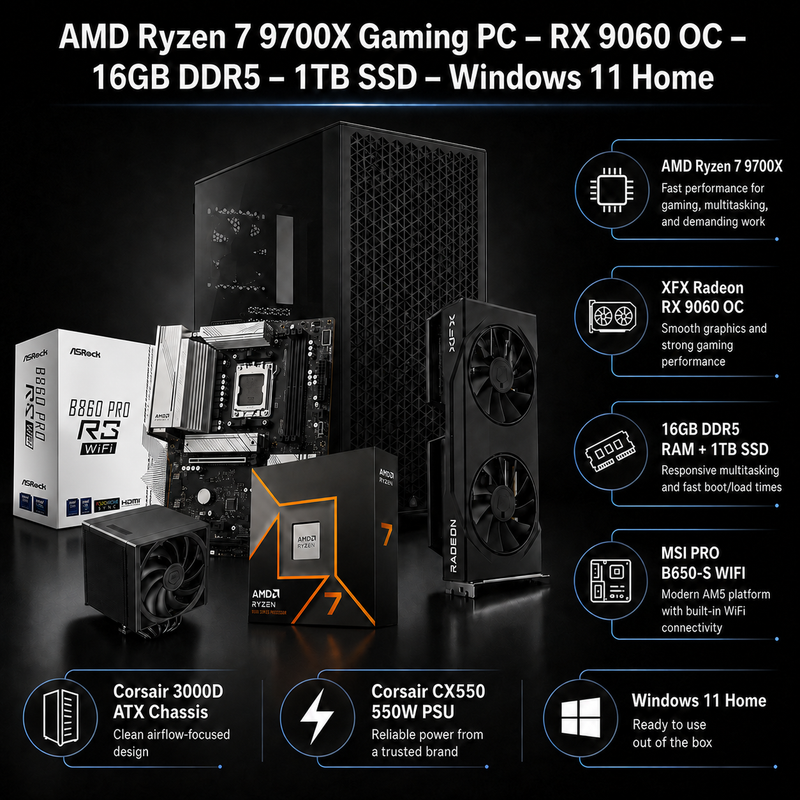 4k All Black Gaming PC [No RGB]AMD Ryzen 7 9700X Gaming Desktop PC | XFX Radeon RX 9060 OC | 16GB DDR5 | 1TB SSD | Windows 11 Home