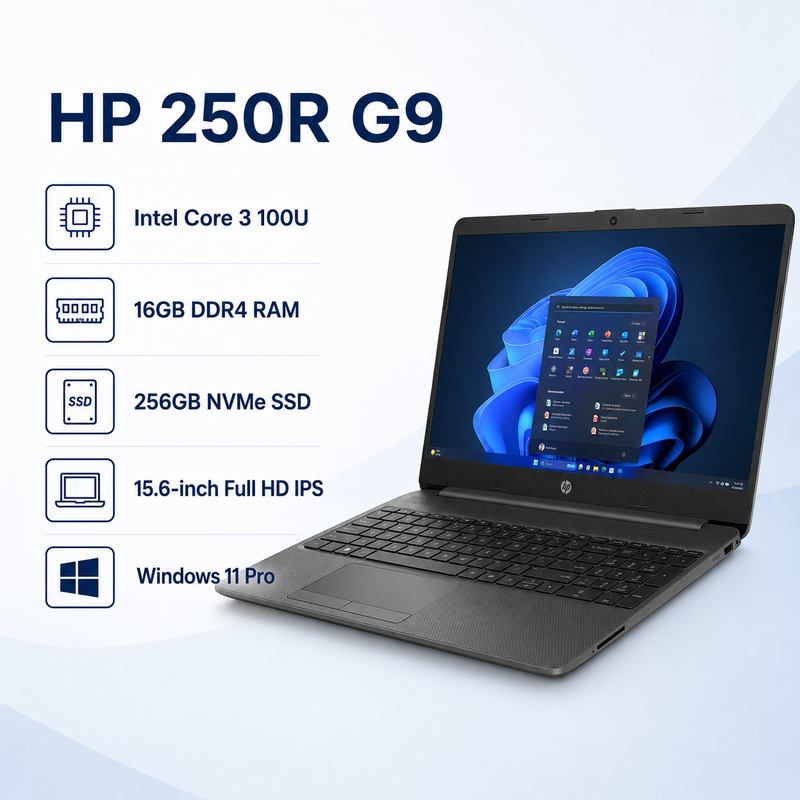 HP 250R G9 15.6-inch FHD Notebook – Intel Core 3 100U – 16GB RAM – 256GB NVMe SSD – Windows 11 Pro