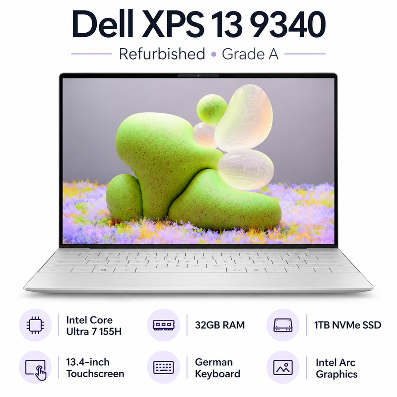 Refurbished Dell XPS 13 9340 Ultra 7 155H 32GB RAM 1TB NVMe Touch Laptop – German Keyboard – Grade A