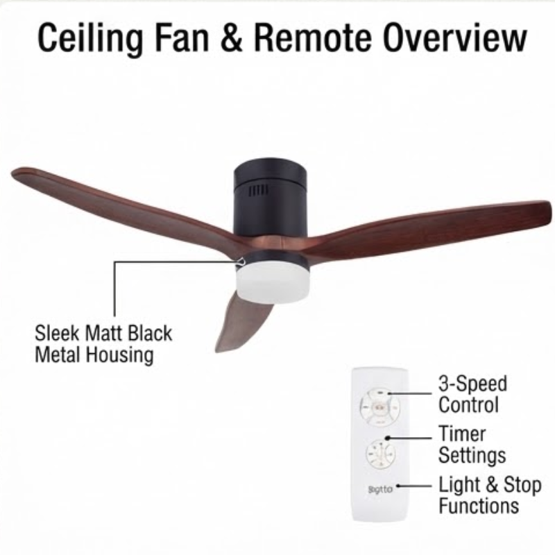 FCF077 Matt Black 52-Inch Ceiling Fan with LED Light