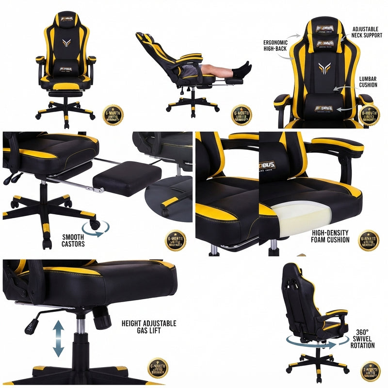 Deli Ergonomic Gaming Chair with Footrest – Yellow