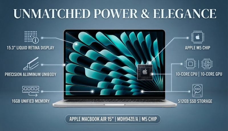 Apple MacBook Air 15″ MDV94ZE/A | Apple M5 Chip | 10-Core CPU | 10-Core GPU | 16GB RAM | 512GB SSD | Silver