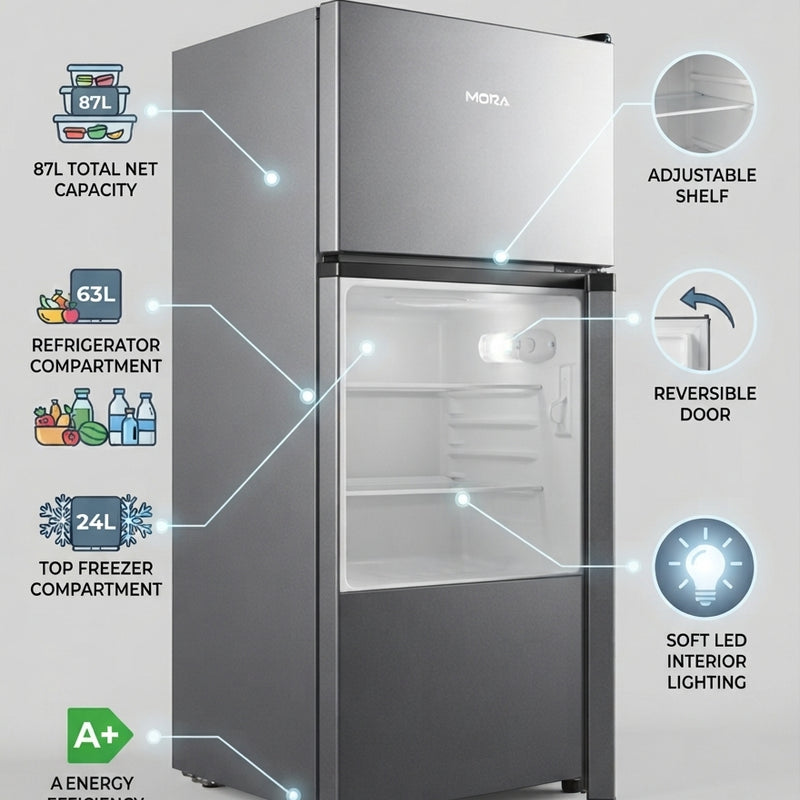 Mora M120TTS 87L Top Mount Freezer Fridge with Adjustable Shelves – Titanium Grey