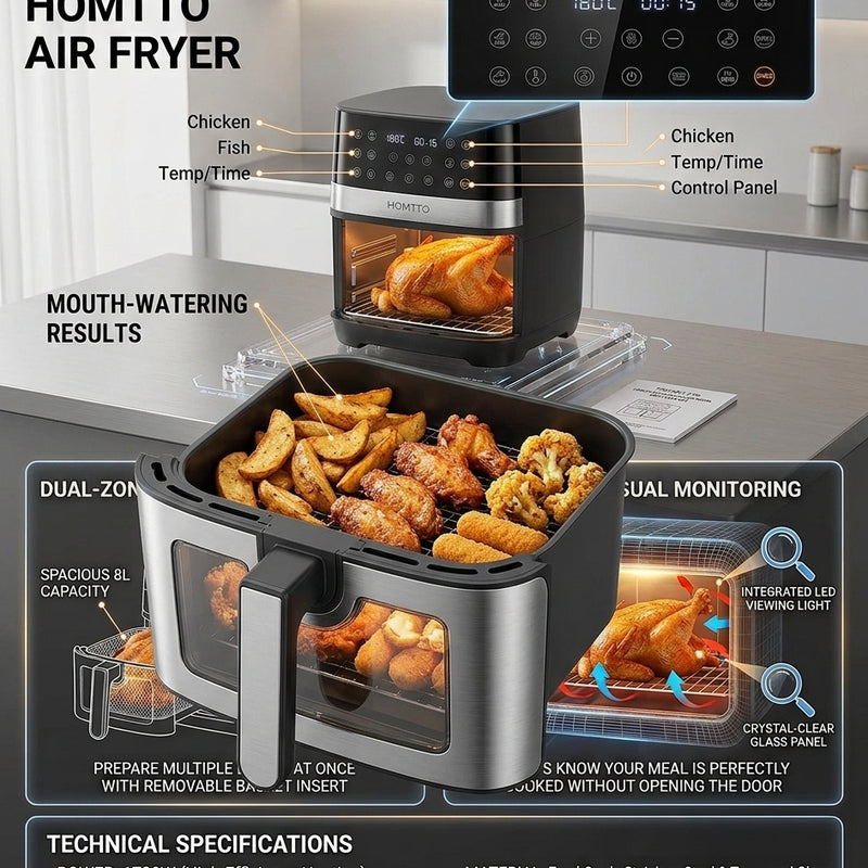 HOMTTO 8L Stainless Steel Air Fryer