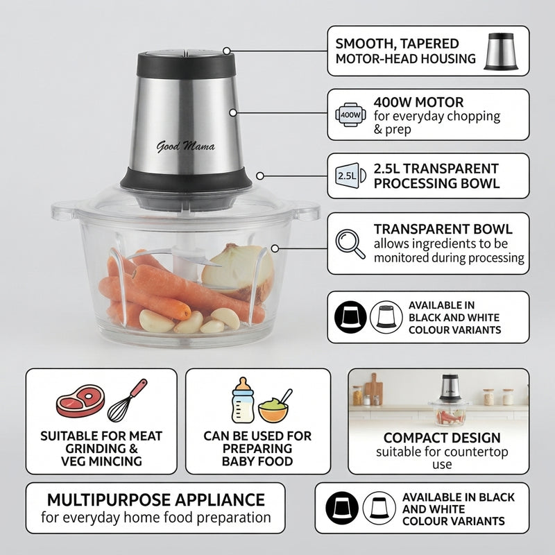 Good Mama GES-C1 Food Chopper & Meat Grinder 400W 2.5L Transparent Bowl